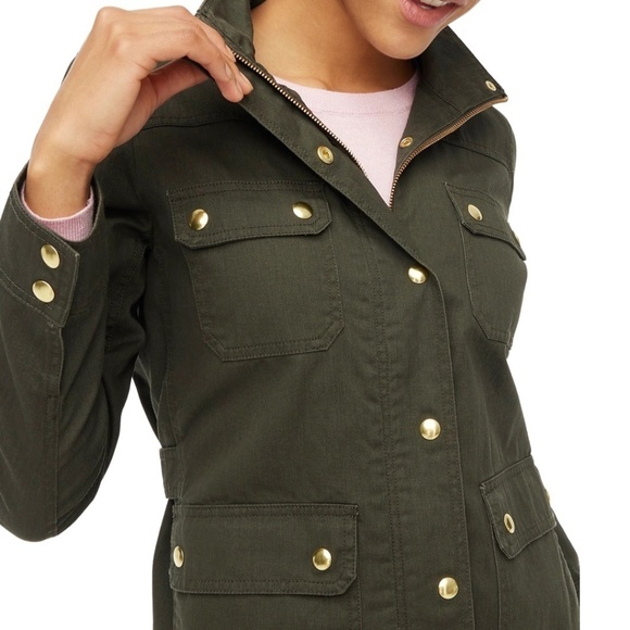 J. Crew resin-coated twill field wax jacket olive green mossy brown w gold snaps - Picture 2 of 13
